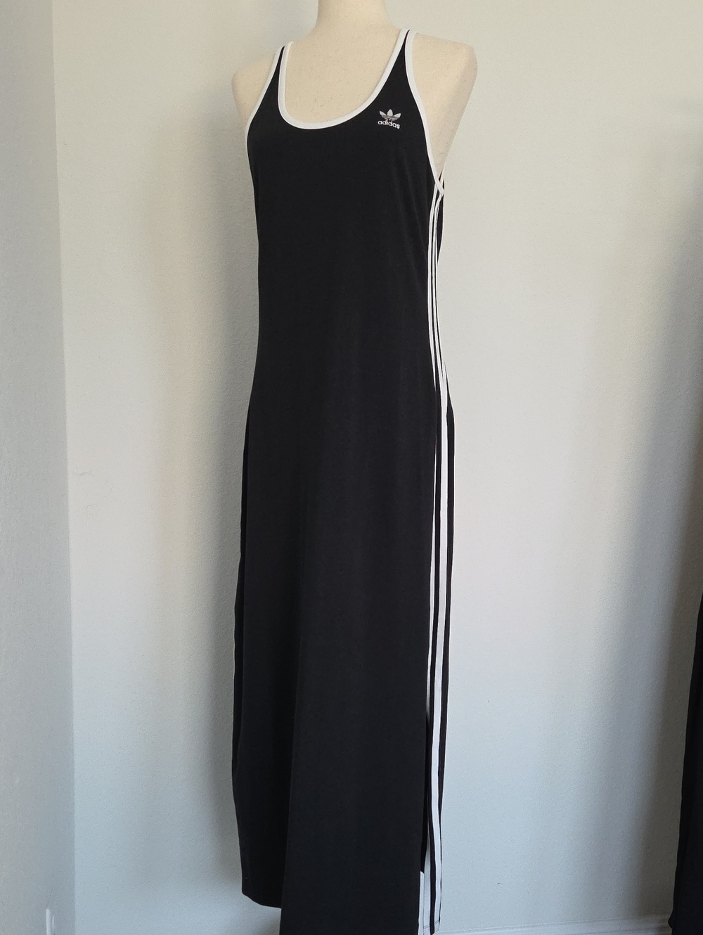 Adidas Black Maxi Racerback Dress White Side Stripes New Tags Activewear Hip Hop
